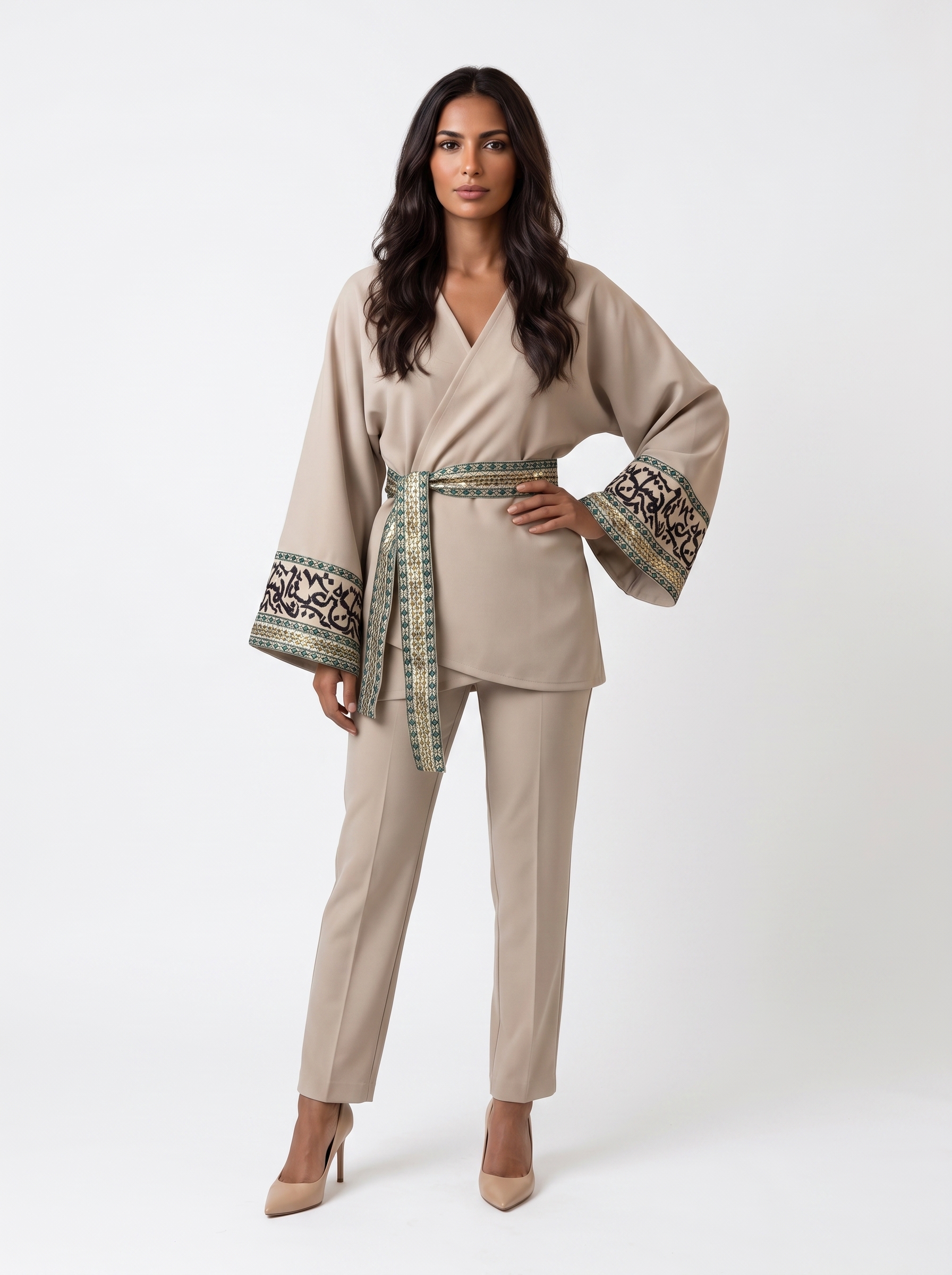 Beige Jacket with Calligraphy Embroidery