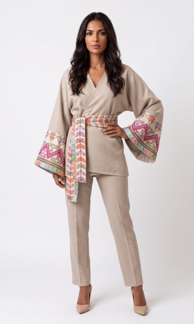 Beige Jacket with Fuchsia Traditional Embroidery