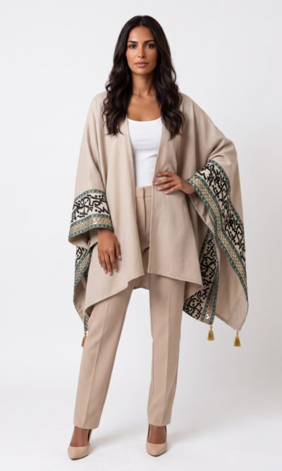 Beige Shawl with Calligraphy Embroidery