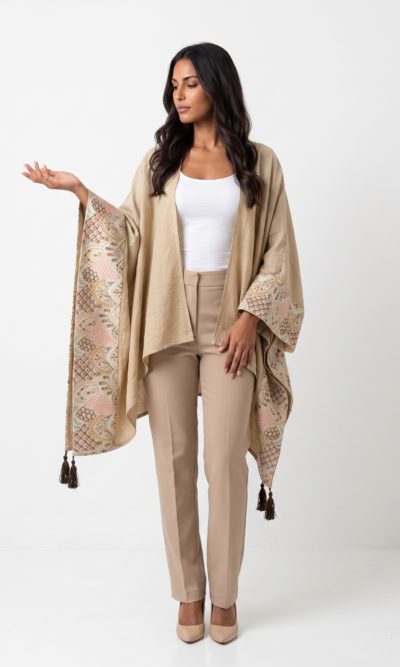 Beige Shawl with Floral Embroidery