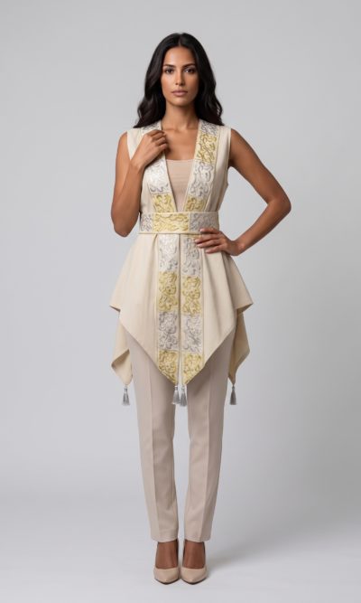 Beige Vest with Calligraphy Embroidery