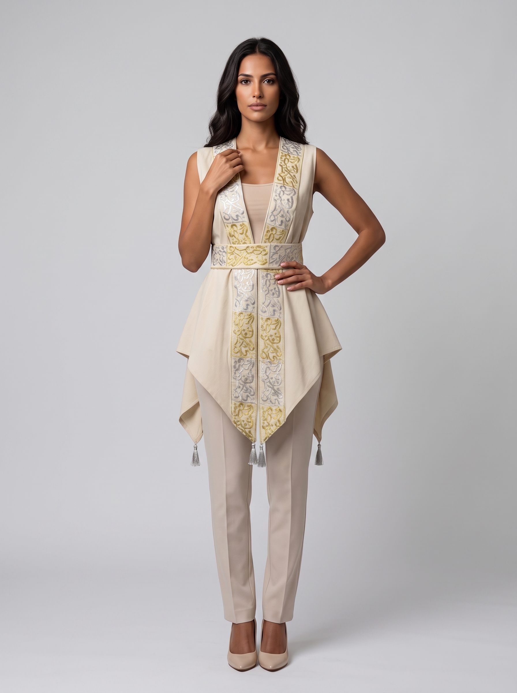 Beige Vest with Calligraphy Embroidery