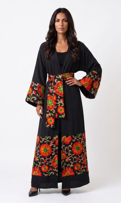 Black Abaya with Orange Floral Embroidery