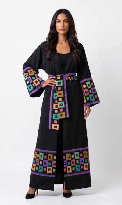 Black Abaya with Pastel Geometric Embroidery