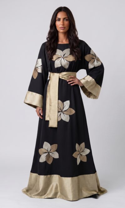 Black Maxi Dress with Beige Embroidered Flowers