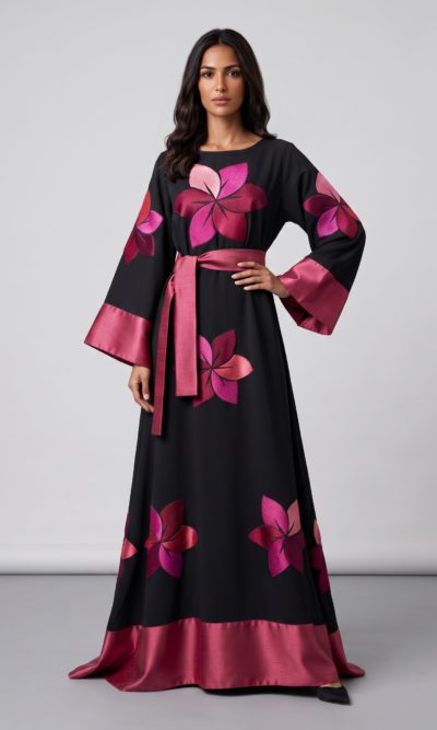 Black Maxi Dress With Fuchsia Embroidered Flowers