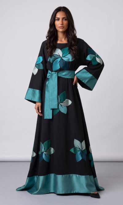 Black Maxi Dress with Turquoise Embroidered Flowers