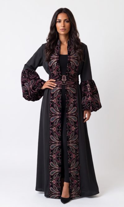 Puffed Sleeves Abaya with Rich Velvet Embroidery