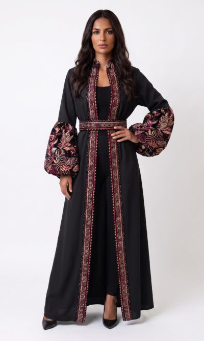 Puffed Sleeves Abaya with Rich Velvet Embroidery