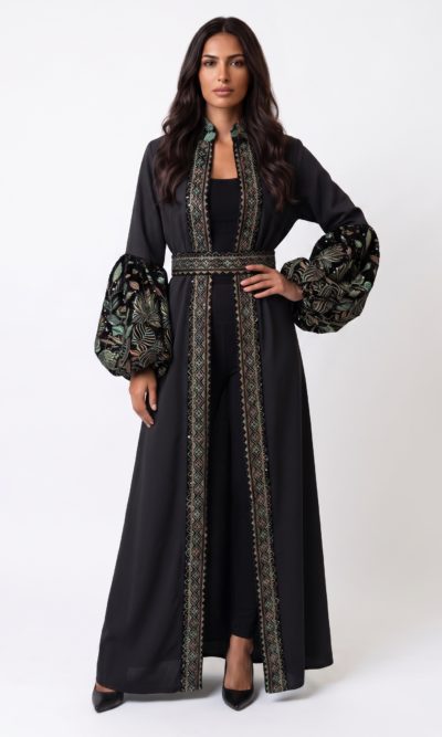 Puffed Sleeves Abaya with Rich Velvet Embroidery