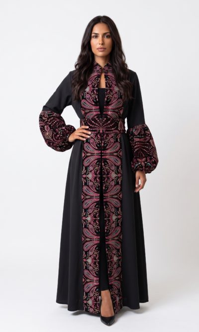 Puffed Sleeves Abaya with Rich Velvet Embroidery