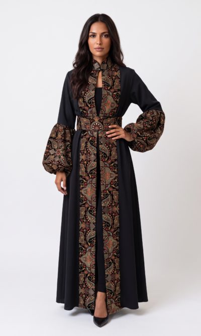 Puffed Sleeves Abaya with Rich Velvet Embroidery