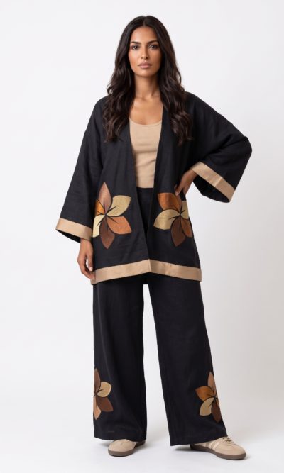 Black Set with Embroidered Beige Flowers