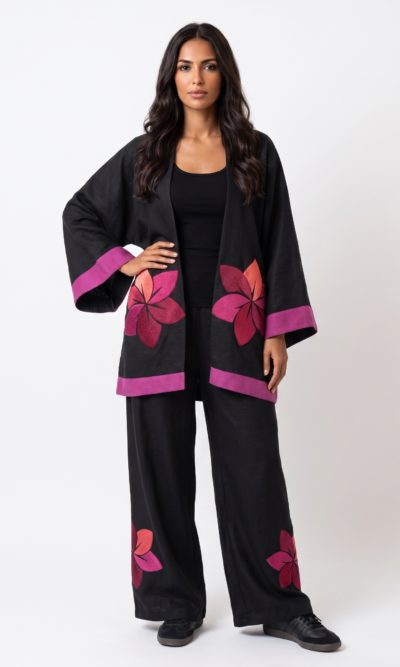 Black Set with Embroidered Fuchsia Flowers