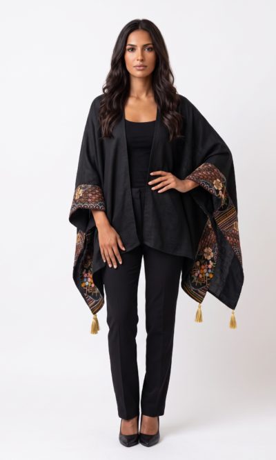 Black Shawl with Rich Multi-colored Embroidery
