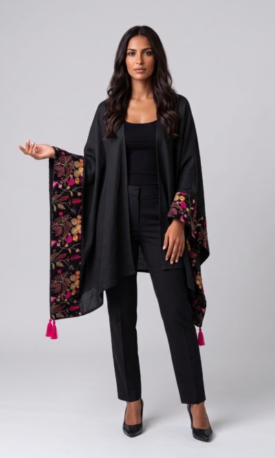 Black Shawl with Velvet Fuchsia Embroidery