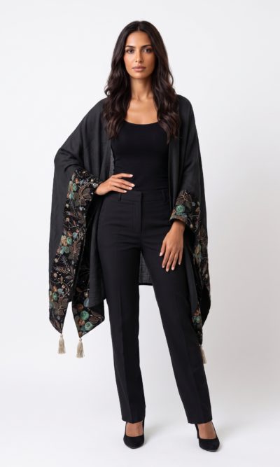 Black Shawl with Green Velvet Embroidery