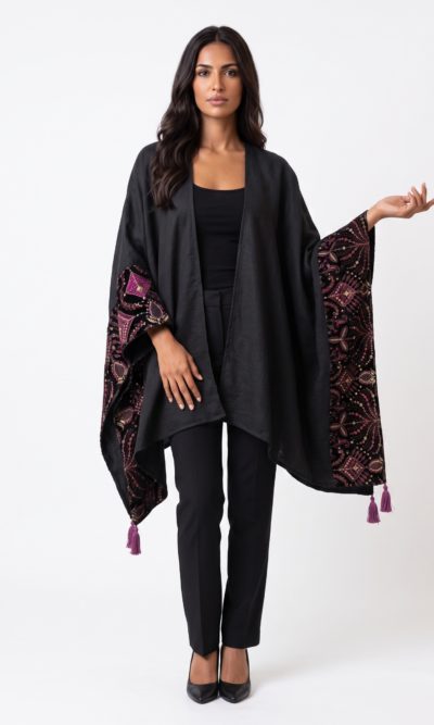 Black Shawl with Velvet Purple Embroidery