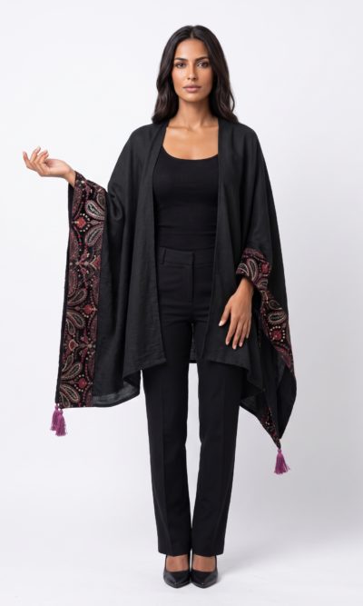 Black Shawl with Velvet Burgundy Embroidery