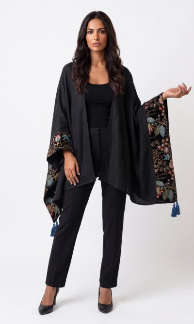 Black Shawl with Velvet Turquoise Embroidery