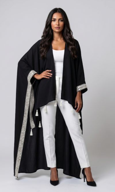 Black Long Shawl with White Embroidery