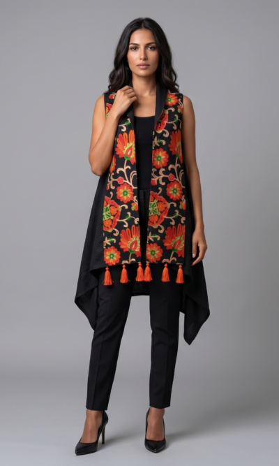 Black Vest with Floral Embroidery