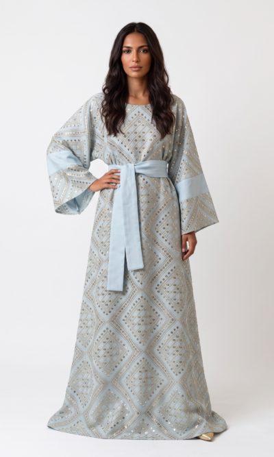 Fully Embroidered Light Blue Maxi Dress
