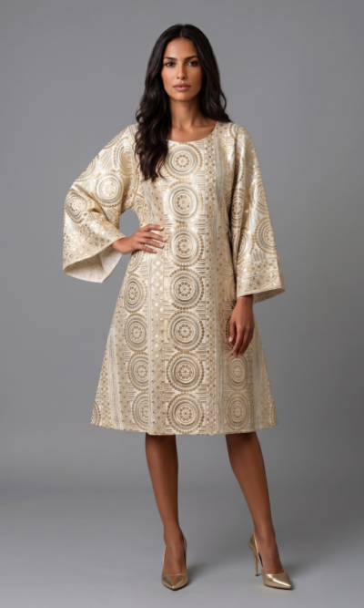 Fully Embroidered Off-White Short Dress