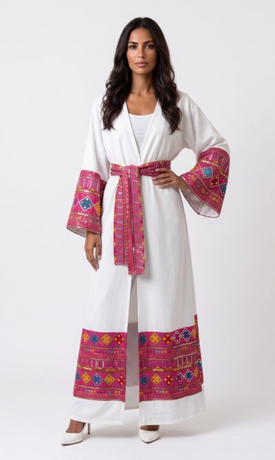 White Abaya with Fuchsia Embroidery