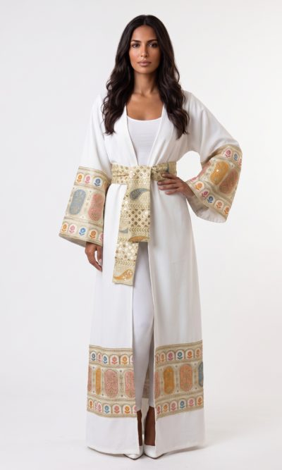 White Abaya with Geometric Embroidery