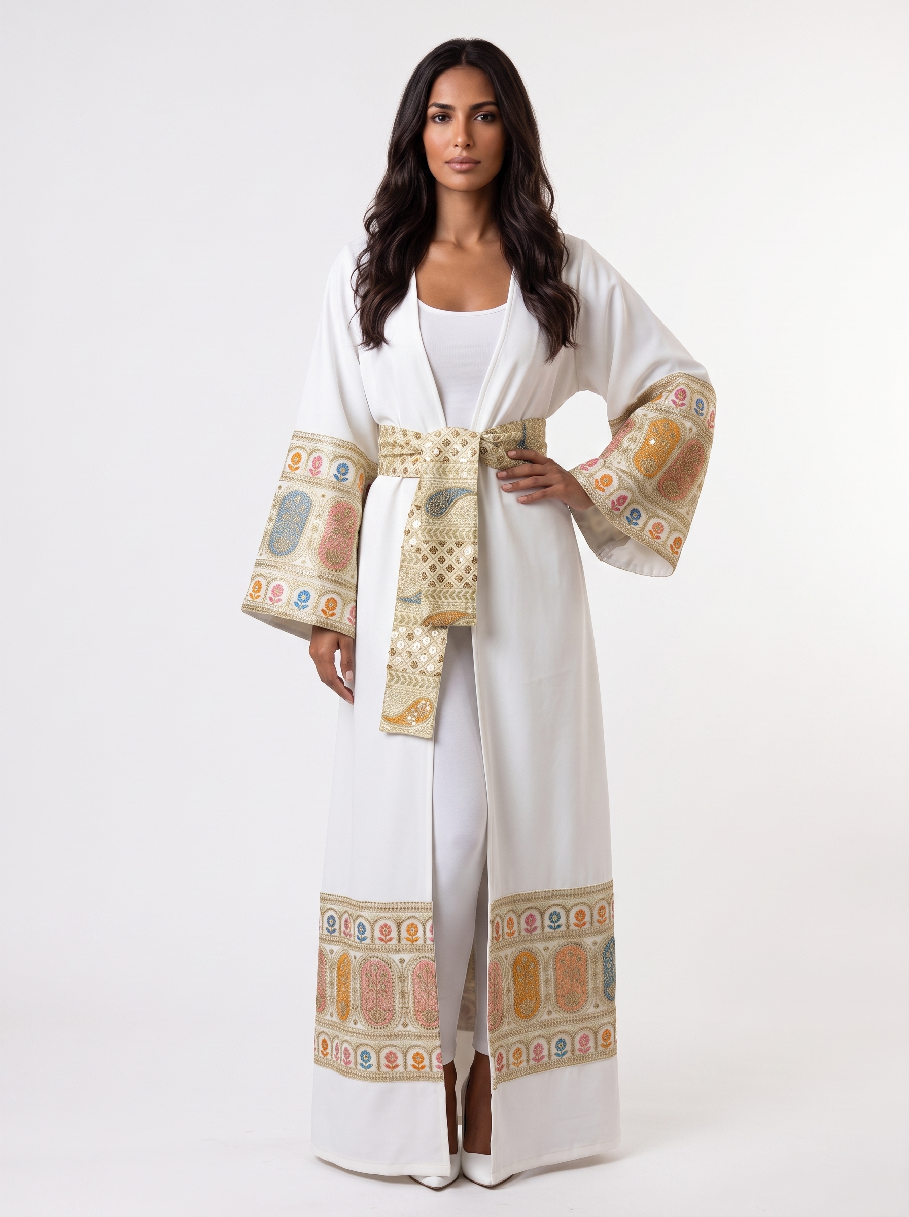 White Abaya with Geometric Embroidery