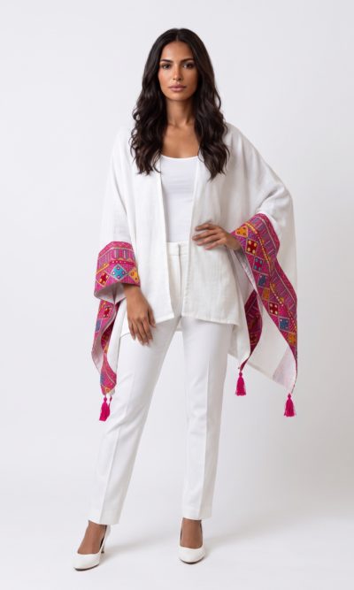 White Shawl with Fuchsia Embroidery