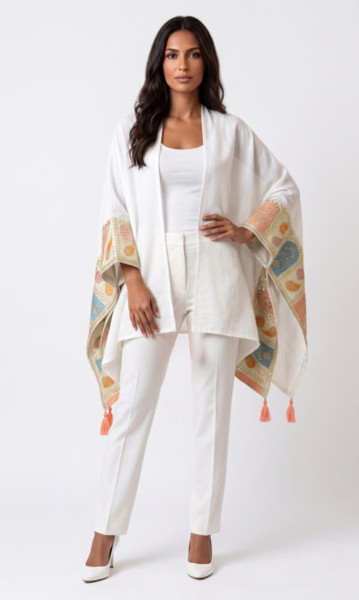 White Shawl with Geometric Embroidery