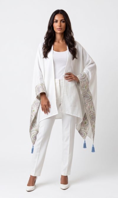 White Shawl with Pastel Embroidery