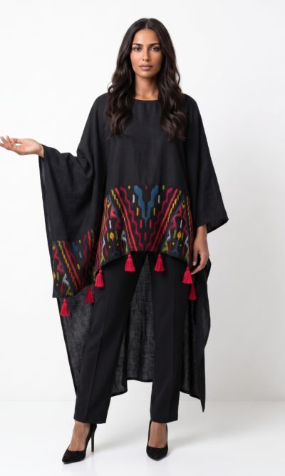 Black Wide Top with Geometric Embroidery