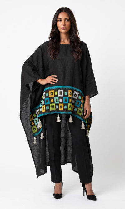 Black Wide Top with Geometric Embroidery
