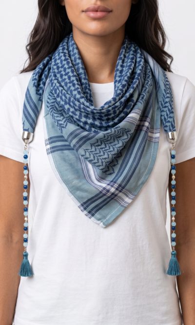 Blue Hatta Scarf with Handmade Accessories