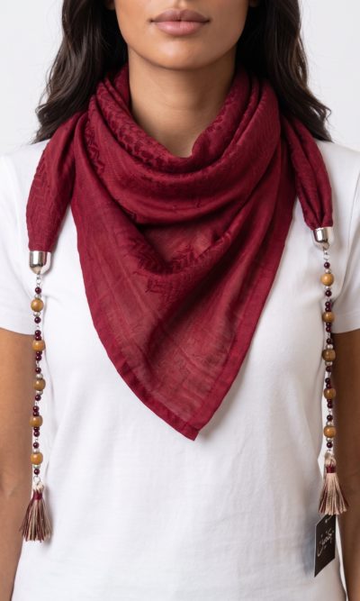 Burgundy Hatta Scarf with Handmade Accessories