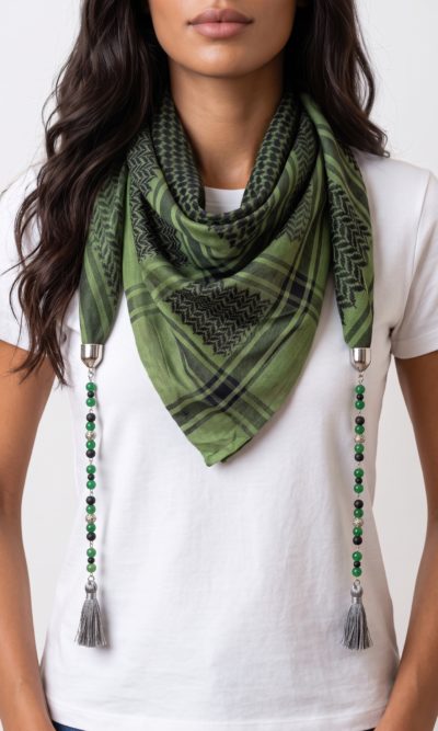 Dark Green Hatta Scarf with Handmade Accessories