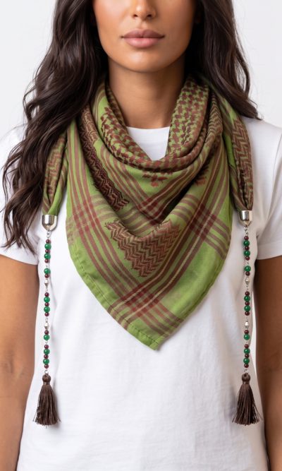 Green and Brown Hatta Scarf with Handmade Accessories