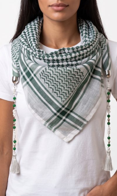 Green and White Hatta Scarf with Handmade Accessories