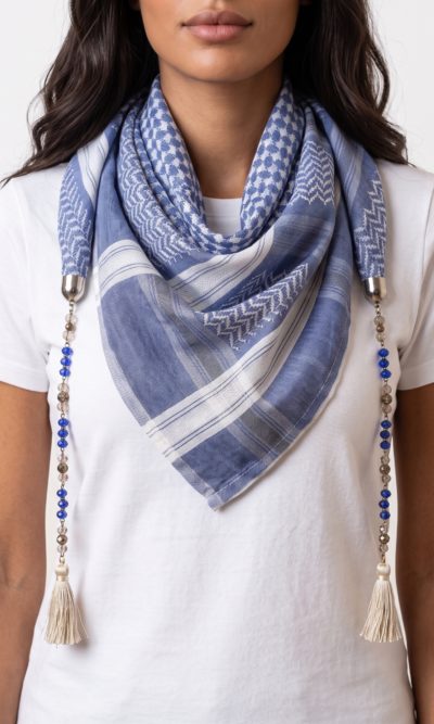 Light Blue Hatta Scarf with Handmade Accessories