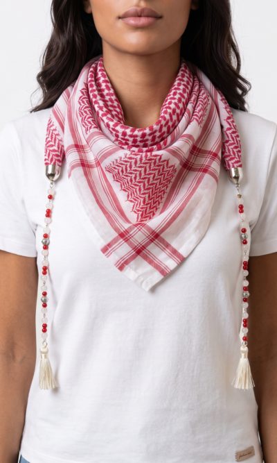 Red and White Hatta Scarf with Handmade Accessories