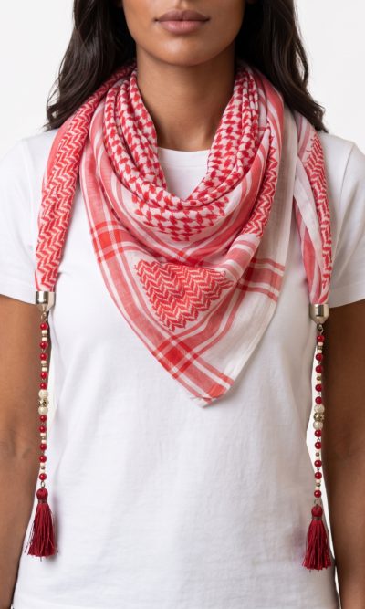 Red and White Hatta Scarf with Handmade Accessories
