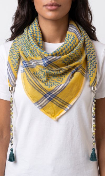 Yellow and Blue Hatta Scarf with Handmade Accessories